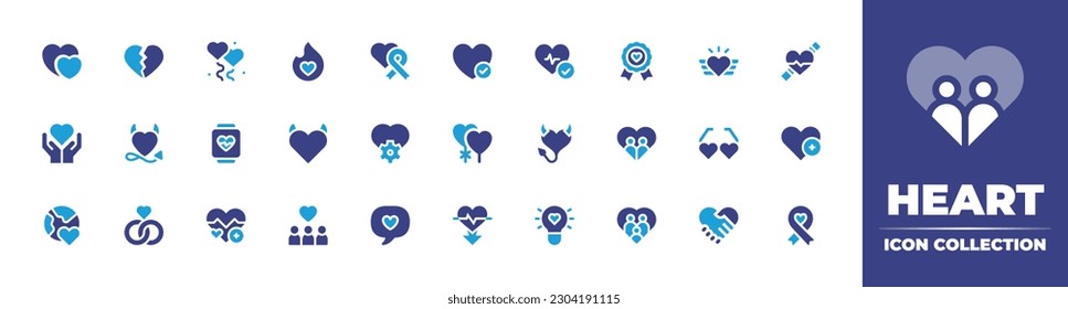 Heart icon collection. Duotone color. Vector illustration. Containing heart, heartbreak, heart balloon, passion, alzheimer, improve, medal, tattoo, rate, love, devil, work, couple, glasses.