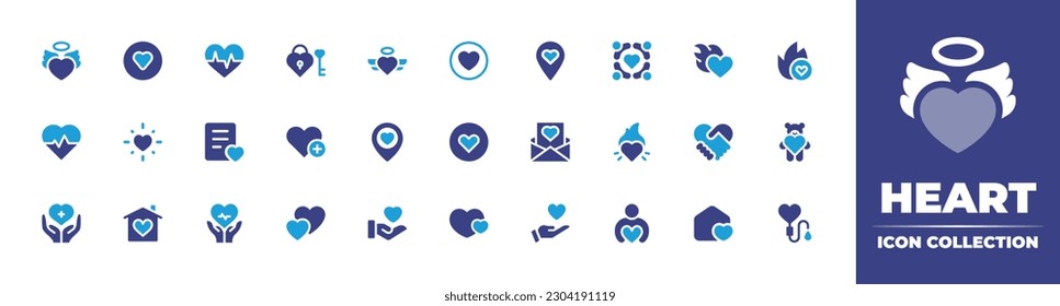 Heart icon collection. Duotone color. Vector illustration. Containing heart wings, heart, cardiogram, heart lock, love, solidarity, burning, shine, wishlist, location, letter, handshake, teddy, health