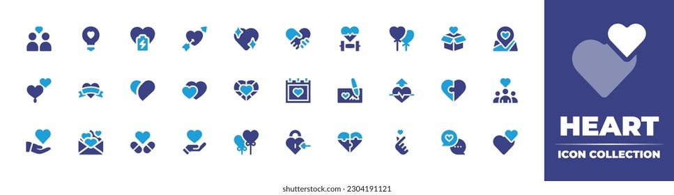 Heart icon collection. Duotone color. Vector illustration. Containing couple, lightbulb, heart, united, heart rate, balloon, charity, maps, love, calendar, donation, puzzle, community, love letter.