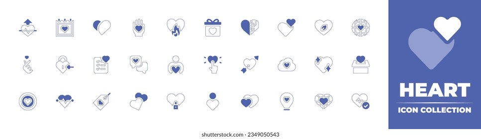 Heart icon collection. Duotone style line stroke and bold. Vector illustration. Containing heart, rate, calendar, love, gift, artificial, leaf, lock, wishlist, message, charity, reaction, and more.