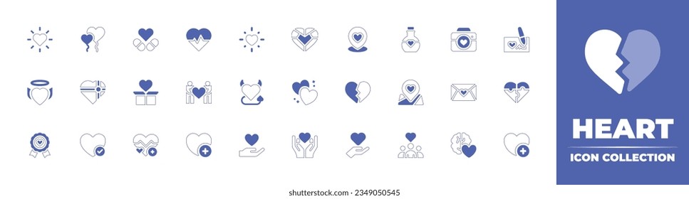 Heart icon collection. Duotone style line stroke and bold. Vector illustration. Containing glow, heart, balloon, medicine, cardiogram, shine, gem, location, love, potion, photo, camera, and more.