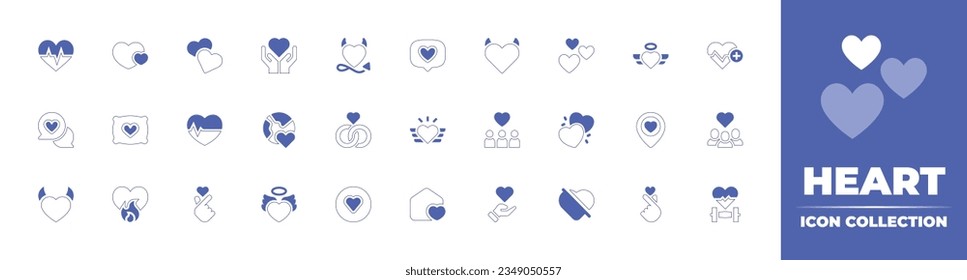 Colección de iconos de corazón. Curso de línea de estilo duotónico y negrita. Ilustración vectorial. Conteniendo corazón, latido, amor, como, diablo, retroalimentación, almohada, boda, anillos, tatuaje, respeto, ubicación, grupo y más.