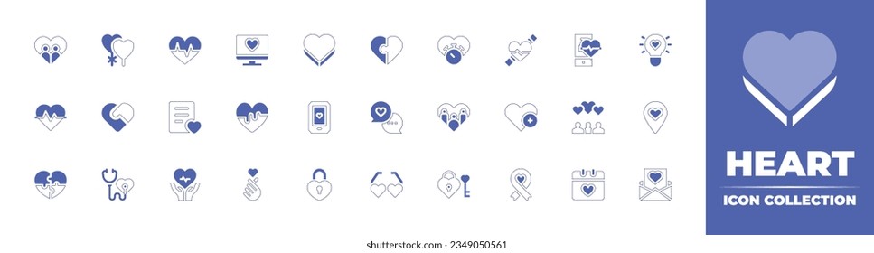 Heart icon collection. Duotone style line stroke and bold. Vector illustration. Containing couple, heart, balloon, cardiogram, computer, chocolate, puzzle, rate, light, bulb, beat, wishlist, and more.