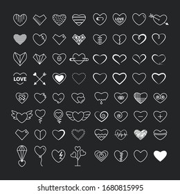 Heart icon collection outline white color set isolated on a black  background. Symbol of relationships, feelings, souls, icon love, sign emotion.Valentine day ,marriage,anniverary day sign . Romantic icon