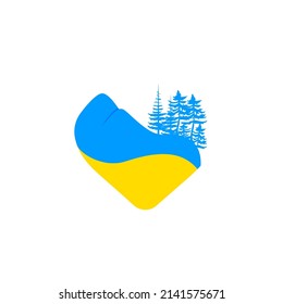 Heart icon with colors of Ukrainian flag. Silhouettes of the Carpathian mountains. Concept of peace for Ukraine. Vector isolated on white background