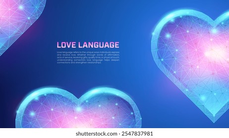 Icono del corazón en fondo azul oscuro, símbolo de amor futurista digital en baja poli adecuado para presentaciones sobre el lenguaje del amor, la humanidad, la caridad y el servicio social.