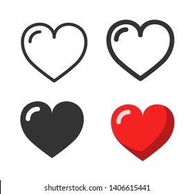 Heart Icon in different styles: thin line, thick lineal, black flat and colorful red. Hearts icons set isolated on white background. Vector illustration as symbol of love, health, valentine's day.