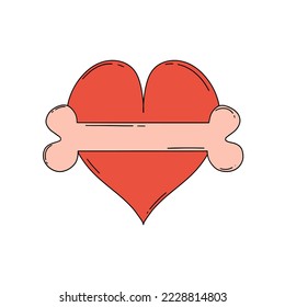 Icono cardíaco con hueso de perro dentro para tienda de mascotas, clínica veterinaria, medios. Ilustración vectorial en estilo doodle