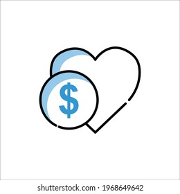 heart icon with dollar. charity symbol, donation. Two Tone line colored Design. the icon can be used for application icon, web icon, infographics. Editable stroke. Design template vector
