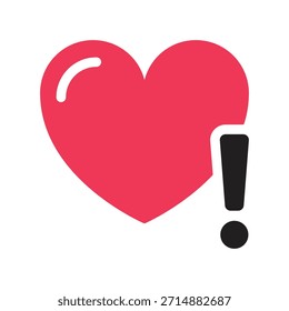 Icono del corazón con signo de exclamación. Forma de corazón negro, signo rojo, símbolo. Amor, romance, vacaciones, día de San Valentín, concepto de San Valentín. Ilustración vectorial. Trazo editable. Elemento de decoración de diseño plano.