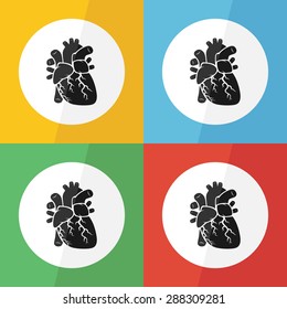 Heart icon ( flat design ) on different color background ( front view ) Use for heart disease ( Ischemic heart disease , Myocardial infarction , Coronary artery disease , Valvular heart disease ,etc )