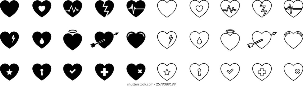 Heart icon in flat line set. vector signs for apps or web. Valentine's Day, medicine, Love, passion, Romantic concept design symbol health care heartbeat cardiogram isolated on transparent background