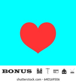 Heart icon flat. Red pictogram on blue background. Vector illustration symbol and bonus buttons Music center, corkscrew, credit card, house, drum
