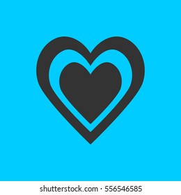 Heart in heart icon flat. Simple vector black pictogram on blue background