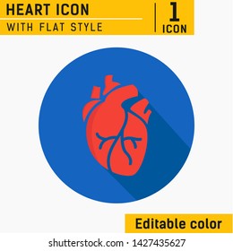 Heart icon in flat style isolated vector illustration on white background. Human heart symbol. Editable color