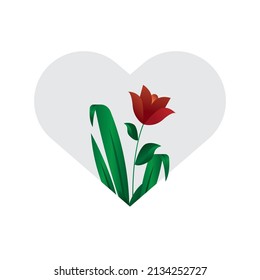 heart icon with foliage leaves and flowers. Editable vector, isolated on white background.
