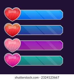 Heart Icon Game UI Set Of Long Futuristic Buttons Or Bars  Blue Purple Green Color With Silver Border Cute Colorful Cartoon Vector Design