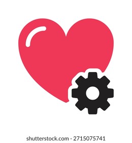 Icono del corazón con la rueda dentada. Forma de corazón negro, signo rojo, símbolo. Amor, romance, vacaciones, día de San Valentín, concepto de San Valentín. Ilustración vectorial. Trazo editable. Elemento de decoración de diseño plano.