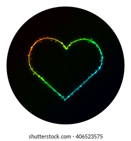 Heart icon of gradient lights on black background. Neon vector icon