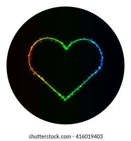 Heart icon of gradient lights on black background. Neon vector icon