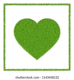 Heart icon with grass texture and herbal frame, on white background. International Day of the Heart. Banner for design. Isolated. Vector illustration.