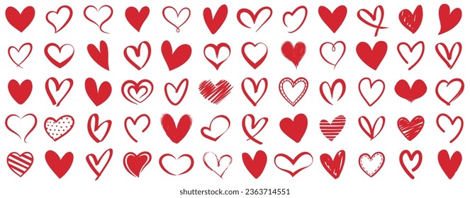 Heart icon in hand drawing style. Red grunge hearts symbol. Set of hand drawn scribble hearts icon. Heart icons