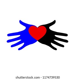 Heart icon in hands. Vector heart icon on palms. Silhouette. Vector illustration isolated on white background, template for design, greeting card, invitation.