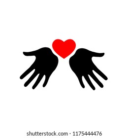 Heart icon in hands. Vector heart icon on palms. Silhouette.