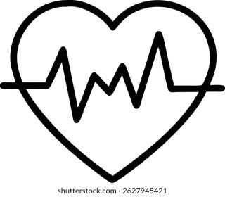 Heart icon with heartbeat line, outline pulse graph with sharp peaks, medical or health monitor symbol for diagnostics or fitness apps