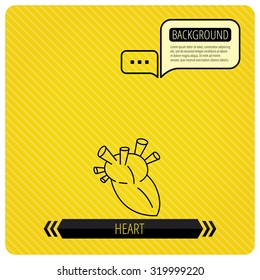 Heart icon. Human organ sign. Surgical transplantation symbol. Chat speech bubbles. Orange line background. Vector