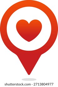 Icono del corazón dentro del perno de la ubicación, Ilustración vectorial plana moderna del gradiente