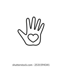 Heart icon inside a palm. The hand holds a heart in an open palm. Outline vector.