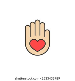 Heart icon inside a palm. The hand holds a heart in an open palm. Color vector.