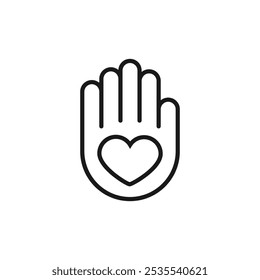 Heart icon inside a palm. The hand holds a heart in an open palm. Outline vector.