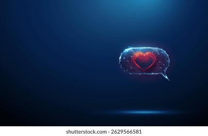 Heart icon inside speech bubble. Social media interaction, digital likes, user engagement concept. Low poly style geometric background. Online feedback, positive reactions, community connection Vector