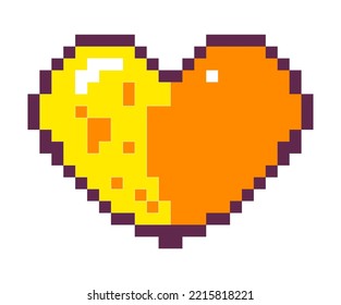 Heart icon, isolated pixelated yellow heart for old school 8 bit game. Symbol of life or love, gaming and playing elements of interface and details of settings. Vector in flat style illustration