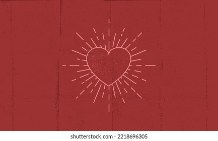 Heart icon. Heart icon with light rays isolated on red background. Love, Valentines day poster design with grunge texture. Vector illustration