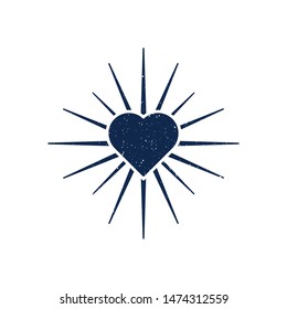 Heart icon with light rays. Vintage heart with stamp effect. Vector illustration