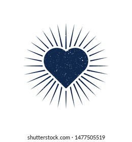 Heart icon with light rays. Vintage heart with stamp effect. Vector illustration