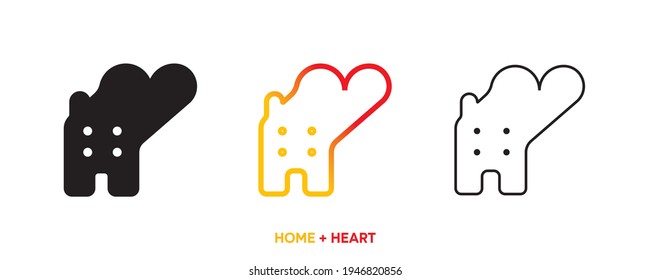 Heart icon line with house. Color, silhouette and line set. Creative home icon for your web mobile app logo design. Line vector illustration. Editable vector stroke.