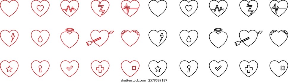 Heart icon in line set. vector signs for apps or web. Valentine's Day, medicine, Love, passion, Romantic concept design symbol health care heartbeat cardiogram isolated on transparent background