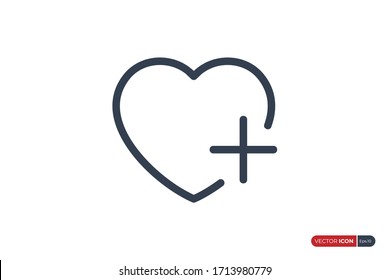 Heart Icon Linear Style, Love Symbol with Plus Cross Sign isolated on White Background. Usable for Healthcare and Medical Graphic Resources. Flat Vector Illustration.