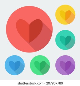 Heart icon with long shadow - favorite vector web illustration, six colors set, easy paste to any background