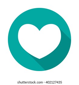 Heart icon with long shadow. Flat design style. Round icon. Heart silhouette. Simple circle green icon. Modern flat icon in stylish colors. Web site page and mobile app design element.