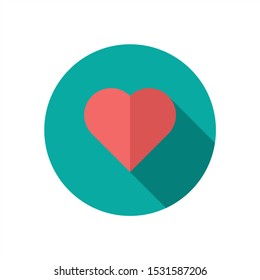 Heart icon with long shadow on turquoise circle isolated on white background. stock illustration