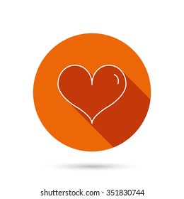 Heart icon. Love sign. Life symbol. Round orange web button with shadow.