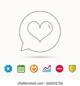 Heart icon. Love sign. Life symbol. Calendar, Graph chart and Cogwheel signs. Download and Shield web icons. Vector