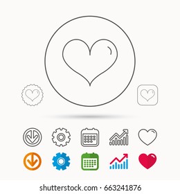 Heart icon. Love sign. Life symbol. Calendar, Graph chart and Cogwheel signs. Download and Heart love linear web icons. Vector