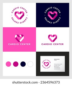 Heart icon. Love symbol consists of bended pink paper strip or ribbons. Symbol care of heart. Cardio Center icon.