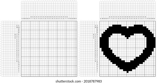 Icono Del Corazón Arte De Píxeles No Gráfica, Gridddlers De Juego De Rompecabezas Lógico, Pic-A-Pix, Pintado De Imágenes Por Números, Picross, Forma Del Corazón, Emoción, Afecto, Amor, Icono De San Valentín Ilustración De Arte Vector